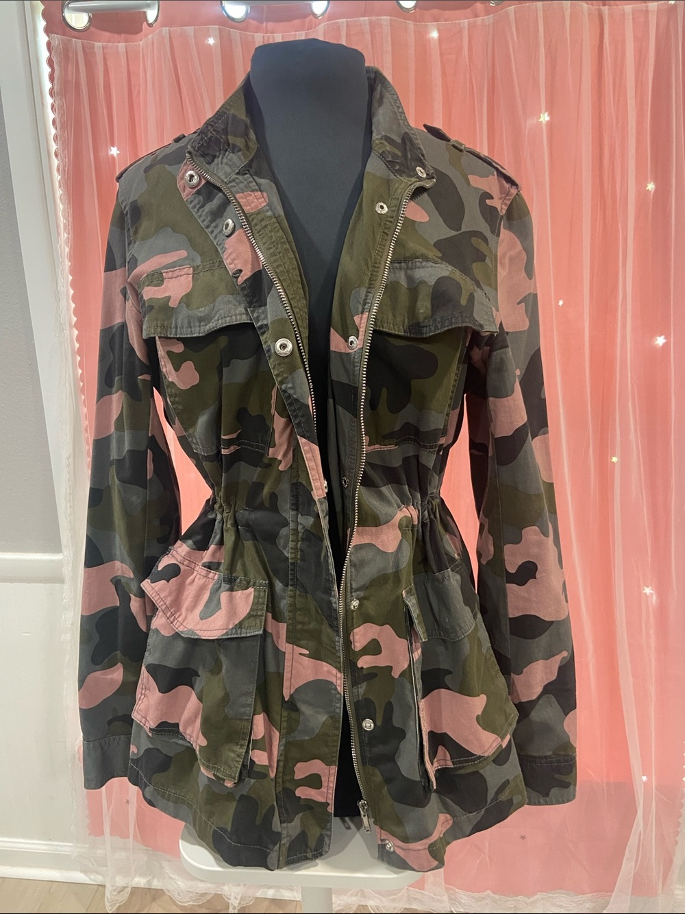 Blue Rain Pink & Green Camouflage Utility Jacket. Size L